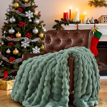 Lotus Karen Faux Fur Throw Blanket Sage Green - Big Bubble Rabbit Fluff Blanket for Couch Bed Sofa,Softest Fluffy Fuzzy Cozy Blanket,Plush Thick Furry Shaggy Warm Blankets for Women,60x80 Inches