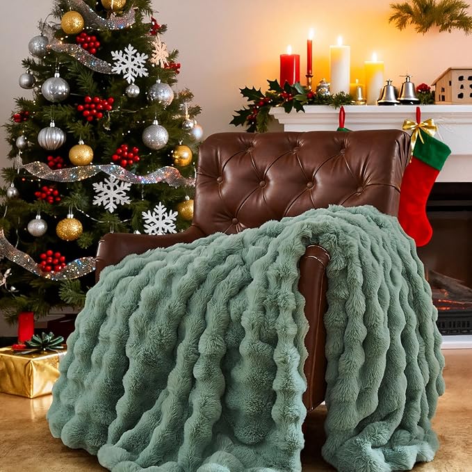Lotus Karen Faux Fur Throw Blanket Sage Green - Big Bubble Rabbit Fluff Blanket for Couch Bed Sofa,Softest Fluffy Fuzzy Cozy Blanket,Plush Thick Furry Shaggy Warm Blankets for Women,108x90 Inches