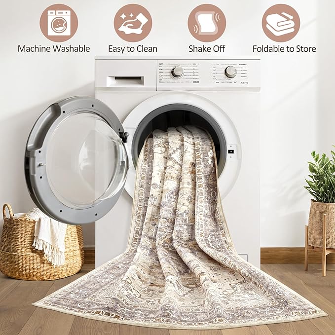 10x12 Area Rug Living Room: Washable Boho Large Neutral Vintage Soft Rugs Stain Resistant Farmhouse Non Slip Indoor Floor Carpet for Bedroom Nursery Kids Playroom Office Dining Room- Beige Brown