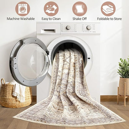 8x10 Area Rugs Living Room: Washable Boho Large Neutral Vintage Soft Rug Stain Resistant Farmhouse Non Slip Indoor Floor Carpet for Bedroom Nursery Kids Playroom Office Dining Room Home Decor- Brown