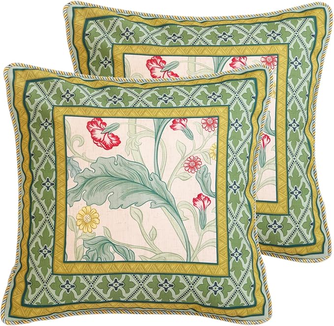 patdrea Designer Pack of 2 Square Throw Pillow Covers,French Vintage Rustic Linen with Green Floral Pattern Pillows Cover,Decorative Pillowcases Cushion for Bed Living Room Outdoor Car,18"x18"