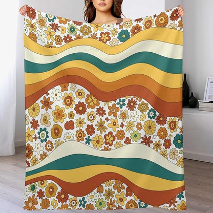 70s Retro Floral Throw Blanket, Boho Groovy Wavy Geometric Hippie Cute Flowers Yellow Orange Abstract Print Blanket for Holiday Theme Home Decor Bedding Couch and Gift 50"x60"