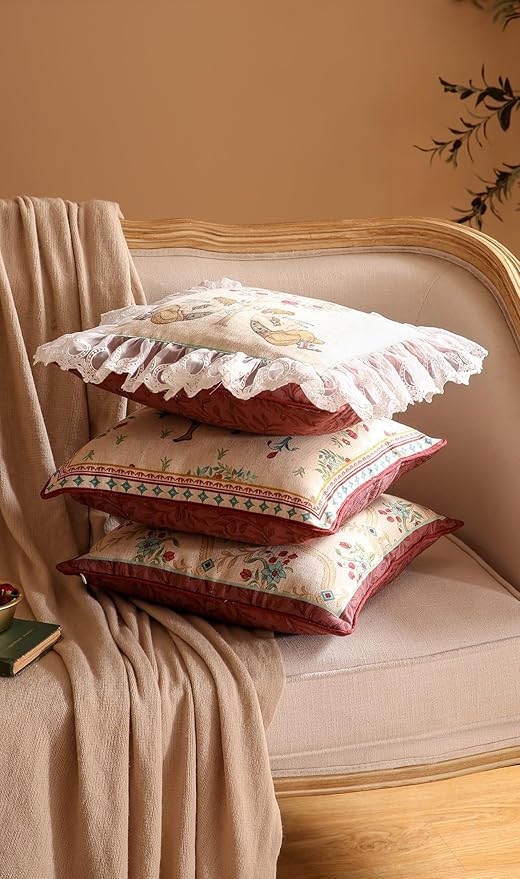 patdrea Designer Pack of 2 Square Throw Pillow Covers,Farmhouse Vintage Linen with Beige Ancient Idyll Pattern Pillows Cover,Decorative Pillowcases Cushion for Bed Living Room Outdoor Car,18"x18"