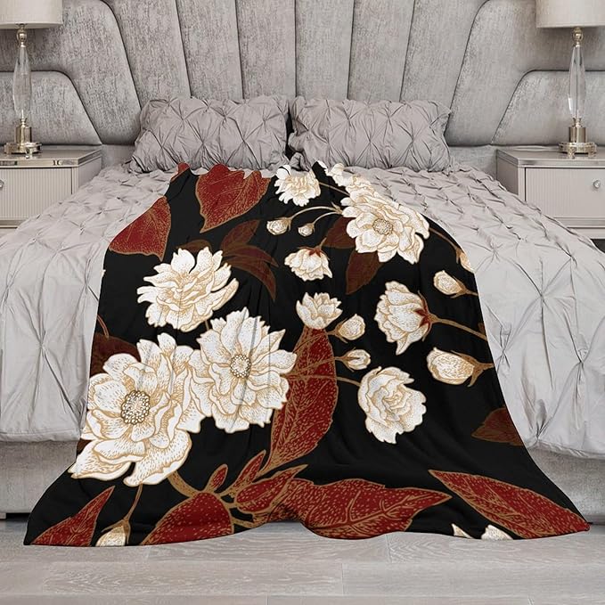 Red Gold Floral Blanket, Boho Dark Flower Leaves Chinese Plum Blossoms Botanical Vintage Throw Blanket for Bed Living Room Bedding Couch Soft Lightweight Warm Cozy Decor, 60"x80"