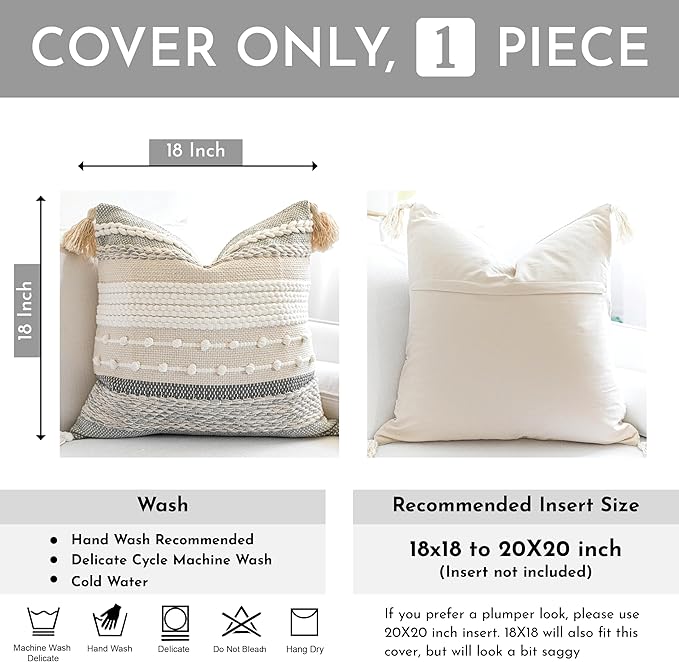 BlissBlush Gray Boho Throw Pillow Cover 18x18 Grey Decorative Accent Pillow for Couch Square Woven Textured Pillowcase Modern Farmhouse Pillow for Bed Bohemian Pillow Cover (Pack of 1)