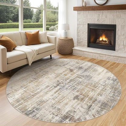 6ft Round Area Rug for Living Room: 6x6 Washable Neutral Abstract Modern Soft Rugs Non Slip Indoor Floor Stain Resistant Carpet for Bedroom Dining Room Office Nursery - Golden Brown