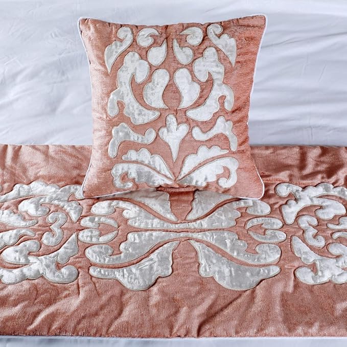 The HomeCentric Decorative Peach & Ivory Queen 74 x 18 inch Bed Runner with Matching Pillow Cover, Velvet Applique Bed Scarf, Abstract Modern - Peach Elegance