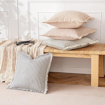 MIULEE Pack of 2 Navy Blue Pillow Covers 18x18 Inch Striped Farmhouse Couch Throw Pillow Covers with Fringe Chic Linen Decorative Cushion Covers for Sofa Living Room Bed Outdoor Home Decor