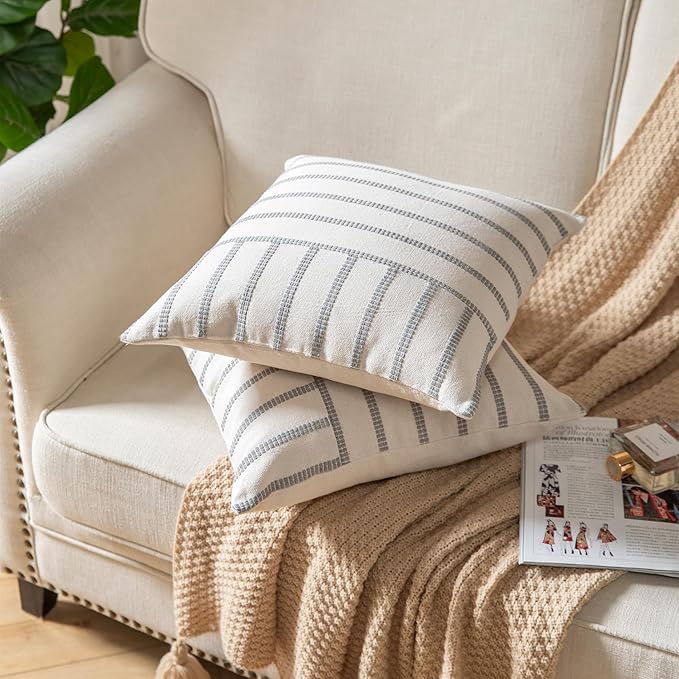 Caflife Boho Throw Pillow Covers 18x18 Set of 2 Soft Farmhouse Decorative Couch Pillow Cases Grey Striped Pillow Covers Neutral Cushion Covers for Sofa Bed Living Room Home Decor