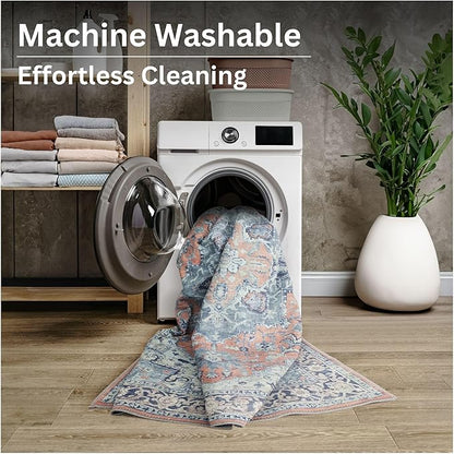 Bloom Rugs Washable Non-Slip 9' x 12' Rug - Coral/Blue Traditional Medallion Area Rug for Living Room, Bedroom, Dining Room, and Kitchen - Exact Size: 9' x 12'