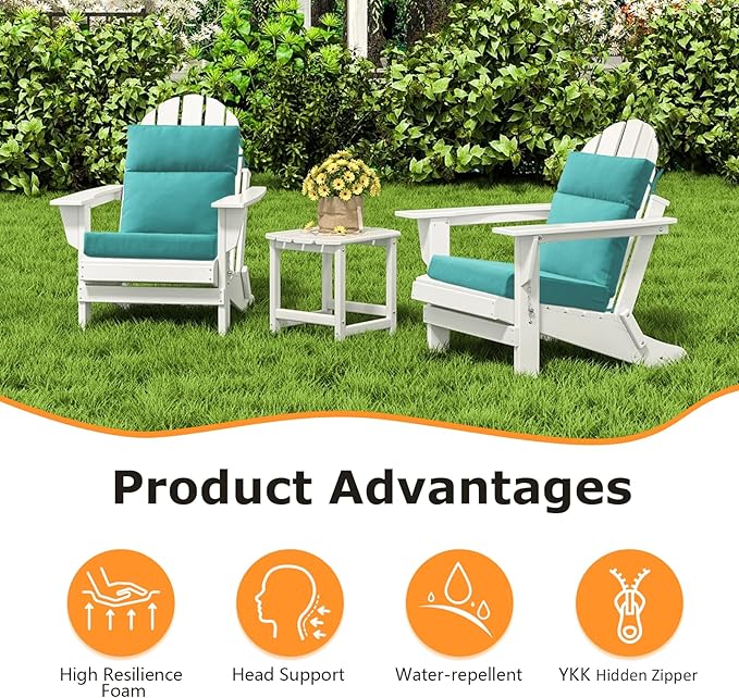 Outdoor High Back Chair Cushion Seat Pads, 44 x 21 Inch Water-Repellent & Fade-Resistant Patio Furniture Cushions with Ties for Adirondack, Rocking Chairs, Turquoise