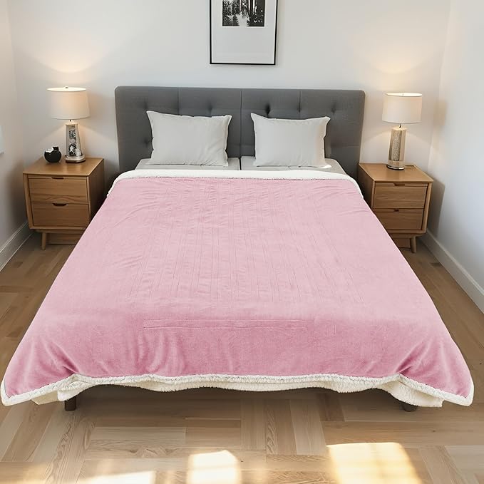 Electric Heated Blanket Twin Size 62"x84" - Dual-Sided with Microplush & Sherpa Fabric, 4 Heat Settings & 10 Hours Auto Off, Machine Washable - Light Pink