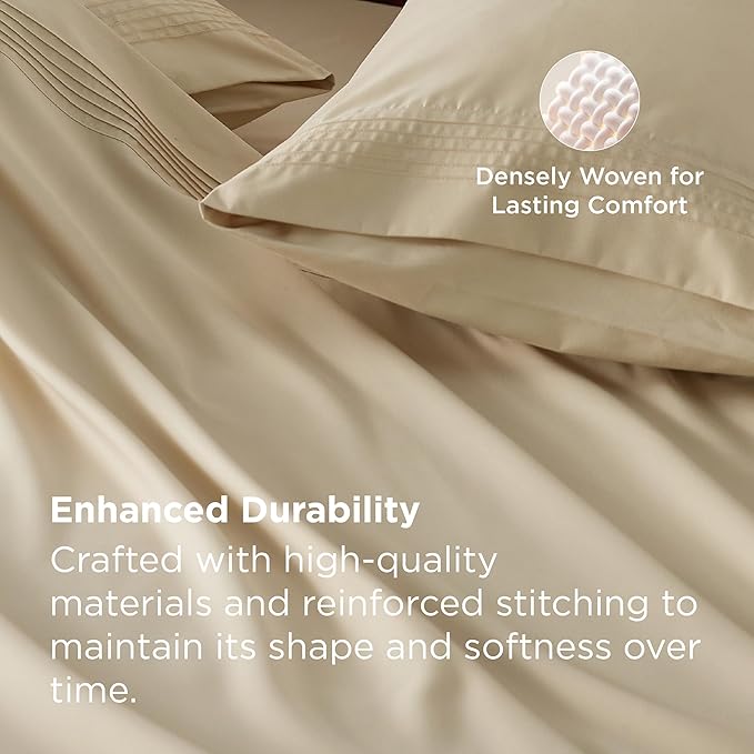 Bedsure Deep Pocket Twin Sheets Set - Fits Mattresses Up to 21 Inches Thick -3 Piece GentleSoft Bed Sheets, Moisture Wicking, Soft & Cooling Bedsheet & Pillowcases, Easy & Secure Fit, Beige