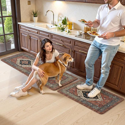 KIMODE Anti Fatigue Kitchen Mats, Boho Distressed Kitchen Rugs 20"x47"+20"x32", Non-Slip Waterproof Kitchen Floor Mats, Comfort Mats for Kitchen Floor, Sink, Laundry, Office, Desk Red