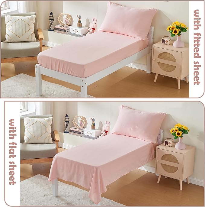 4 Piece Toddler Bedding Set for Girls Pink Geometric Stitched Soft Microfiber Crib Bed Sheets Set Lightweight Quilted Comforter Set for Baby | Include Comforter, Flat Sheet, Fitted Sheet, Pillowcase