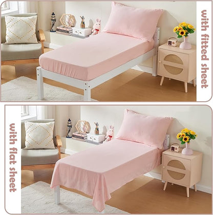 4 Piece Toddler Bedding Set for Girls Pink Geometric Stitched Soft Microfiber Crib Bed Sheets Set Lightweight Quilted Comforter Set for Baby | Include Comforter, Flat Sheet, Fitted Sheet, Pillowcase