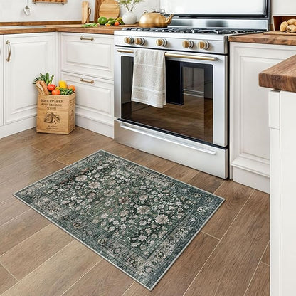 KUTA Vintage Floral Entryway Rug 2x3, Kitchen Rugs Non-Slip Washable Throw Rug, Dark Green Ultra Thin Soft Print Front Door Mat Indoor Doormat for Entrance, Bedside, or Small Spaces