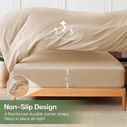 MR&HM Fitted Sheet & Pillowcase Set Queen, 3-Piece Blend Rayon Derived from Bamboo, Silky Soft & Breathable, 15" Deep Pocket with Elastic Straps, Cooling Sheets for Hot Sleepers, Beige