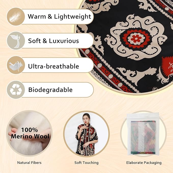 DANA XU 100% Merino Wool Pashmina Shawl for Women 96"x43", Oversized Cashmere Wrap with Tassels, Floral Travel Blanket Cape