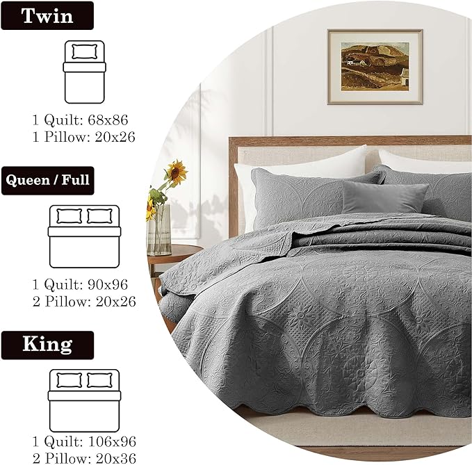 IR Imperial Rooms Queen Quilt Bedding Set Size (90" x 96") + 2 Pillow Shams (20" x 26"+ 2") - 3 Pcs All Season Lightweight Reversible Microfiber Coverlet Floral Embossed Quilt Bedspread (Grey)