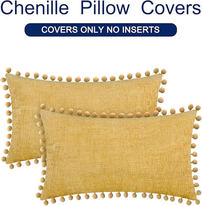 CaliTime Throw Pillow Covers Decorative 20 X 12 Inches Pack of 2 Cozy Solid Dyed Soft Chenille Cushion Cases with Pom Poms for Couch Sofa Bed Living Room Home Gold