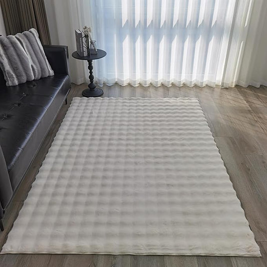 GLORY RUGS Area Rugs Bubble Soft Faux Rabbit Fur Rug 5x7 Polar Beige Plush Carpet Shag Cozy Fluffy Rug Non Slip Rugs, Machine Washable Shaggy Area Rug Bedroom Living Room and Dining Room.