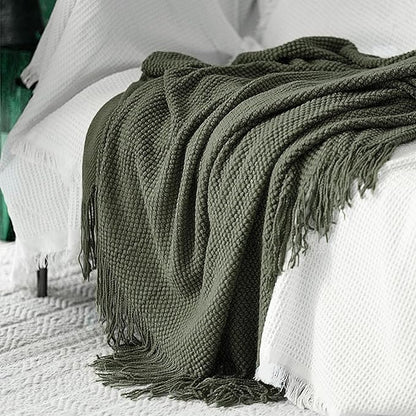 LOMAO Knitted Throw Blanket with Tassels Bubble Textured Lightweight Throws for Couch Cover Home Decor (Dark Olive, 50x60)
