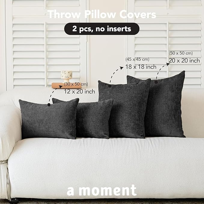 a moment Pack of 2 Decorative Chenille Throw Pillow Covers with Twill Cushion Covers for Sofa Living Room Couch Bed 18x18 Inch Black