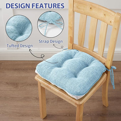 Chair Cushions for Dining Chairs Set of 6, Kitchen Chair Cushions, Chair Pads with Ties and Non Slip Backing, Tufted Memory Foam Seat Cushion 6 Pack, 15.5" x 15.5" x 4", Baby Blue