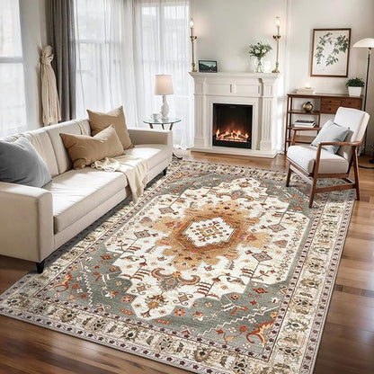Tangsoo 4x6 Area Rugs for Living Room, Washable Vintage Rug Indoor, Distressed Turmeric Carpet for Bedroom, Non Slip Soft Low Pile Rugs Foldable Floor Rug for Dining Room Dorm Bedside Bathroom