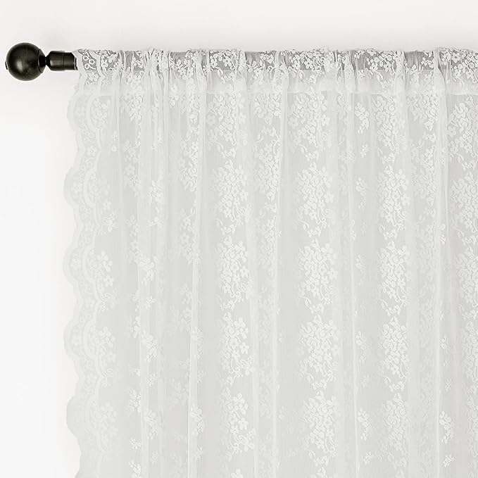 Anmao Vintage Lace Curtains 120 Inches Long 2 Panels Set, Romantic Elegant Light Filtering Semi Sheer Floral Thick Lacy Curtain Drapes for Living Room and Bedroom, Each Panel 55W x 120L, Bright White