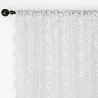 Anmao Vintage Lace Curtains 90 Inches Long 2 Panels Set, Romantic Elegant Light Filtering Semi Sheer Floral Thick Lacy Curtain Drapes for Living Room and Bedroom, Each Panel 55W x 90L, Bright White