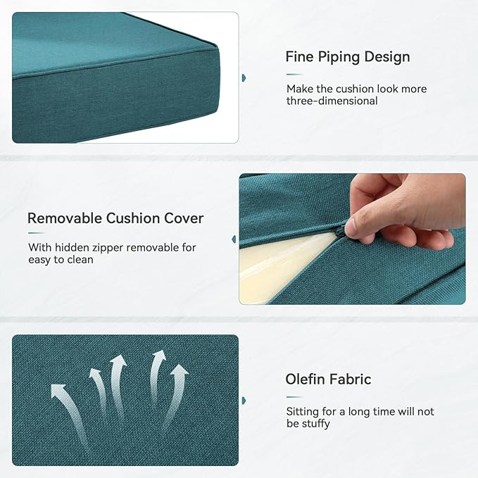 Luxury 6" Outdoor Cushions for Patio Furniture, 24x24x6" Thick Seat Cushion Set of 4, Fade Resistant Couch Chair Replacement Cushions High Density Deep Wicker Chair Cushion w/ Removable Cover, Green
