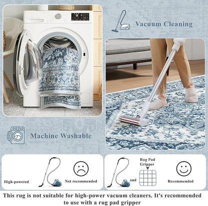LIVEBOX Blue Washable Area Rug 8x10 - Large Vintage Tribal Living Room Rug Oriental for Bedroom, Non-Slip Retro Medallion Carpet Print Distressed for Dining Room Guest Office