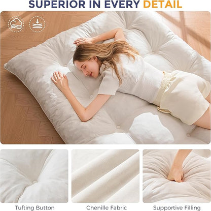 MAXYOYO Japanese Floor Mattress Queen Size, 6" Foldable Futon Mattress Tufted Roll Up Floor Bed, Thick Chenille Tatami Mat Sleeping Pad for Camping Guest Room Dormitory Bedroom RV, Beige