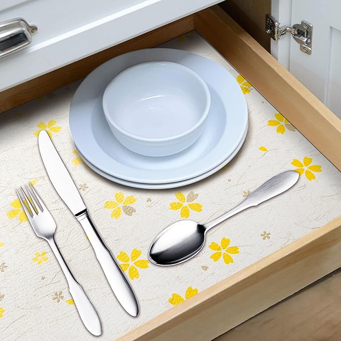 RAY STAR 12X120 Inch Shelf Liner for Kitchen Cabinets, Non-Adhesive Cabinet Liner Washable, PVC Drawer Liner for Dresser Non-Slip Bathroom (Yellow Floral)(1 Roll)