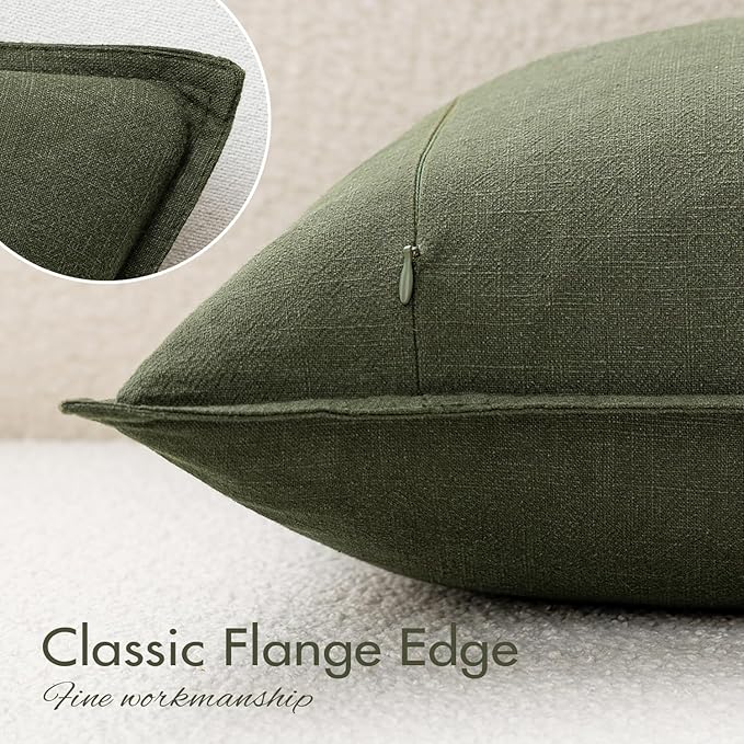 EMEMA Decorative Linen Throw Pillow Covers 26x26 Inch Dark Olive Green Boho Farmhouse Neutral Couch Throw Pillows for Bed Pack of 2 Accent Pillowcase Modern Sofa Cushion Livingroom Home
