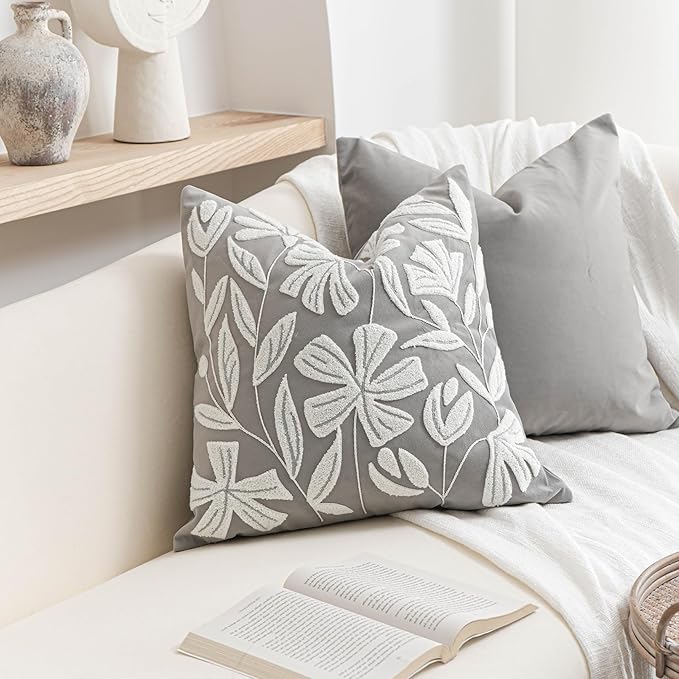 BlissBlush Grey Velvet Floral Decorative Throw Pillow Cover 20X20, Light Gray Floral Tufted Soft Farmhouse Textured Pillowcase, Accent Pillowcase for Couch Sofa Bed Living Room