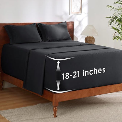 Bedsure Deep Pocket Queen Sheets Set - Fits Mattresses Up to 21 Inches Thick - 4 Piece GentleSoft Bed Sheets, Moisture Wicking, Soft & Cooling Bedsheet & Pillowcases, Easy & Secure Fit, Black