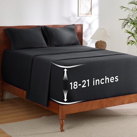 Bedsure Twin XL Sheets Dorm Bedding, GentleSoft Breathable Extra Long Twin Sheets & Pillowcases, Moisture Wicking Cooling, Deep Pocket Fits Mattress Up to 21 Inches Thick, Black