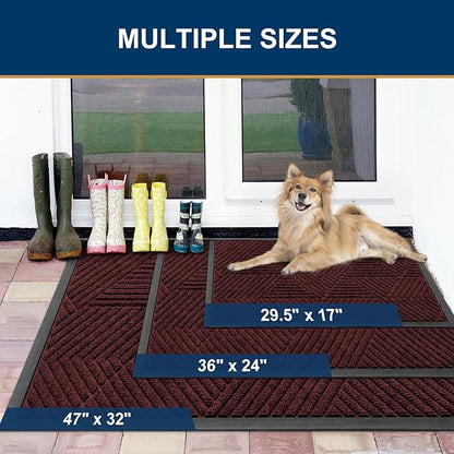 Smiry Front Door Mat Outside Entrance, Heavy Duty Sturdy Natural Rubber Doormat, Trap Dirt and Moisture, Easy Clean Low Profile Mats for Indoor Outdoor Entry, Irregular Triangle (36x24, Dark Red)
