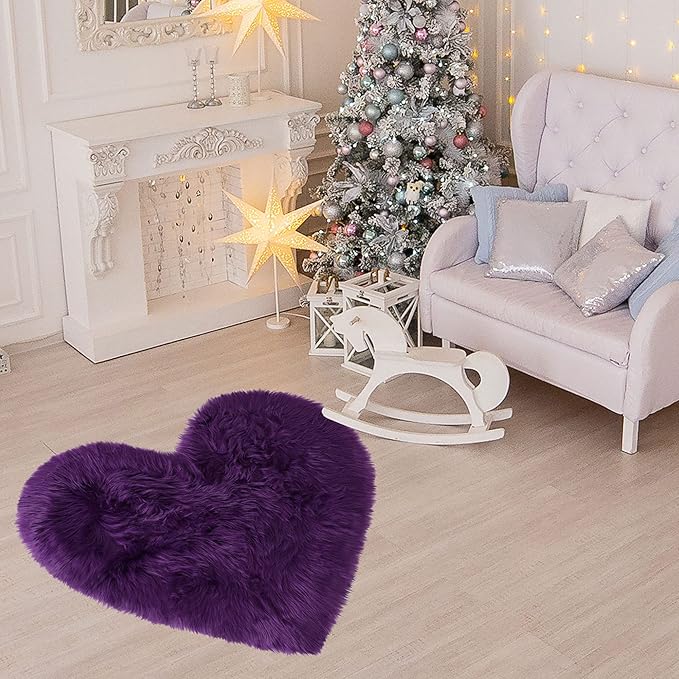 uxcell Heart Shaped Rugs for Bedroom,Small Aesthetic Carpet Girls,Cute Shaggy Floor Mirror Mat,Pastel Furry Throw Rug 2.3ftx3ft, Purple
