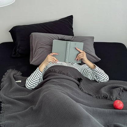 MorroMorn 100% Cotton Muslin Throw Blanket with Fringes 50"x60", 4-Layer Cotton Gauze Blankets for Adults, Boho Bedding Breathable Lightweight Ultra-Soft for Couch Bed Sofa All Seasons, Dark Grey