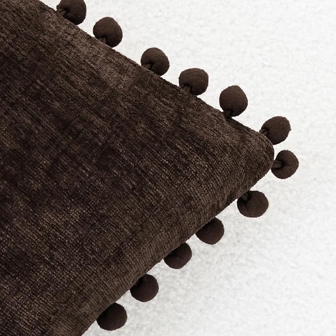 CaliTime Throw Pillow Covers Decorative 20 X 12 Inches Pack of 2 Cozy Solid Dyed Soft Chenille Cushion Cases with Pom Poms for Couch Sofa Bed Living Room Home Coffee