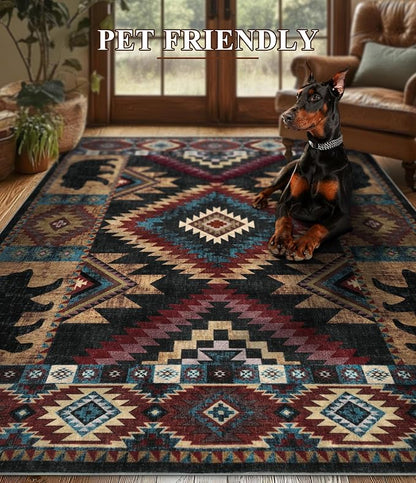 Hallway Runner Rug 2x8 Indoor Door Mat - Western Rug Bear Rustic Cabin Non-Slip Entryway Rug, Low Pile Tribal Print for Kitchen, Bedroom