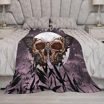 Death Moth Blanket, Boho Gothic Skull Moth Purple Starry Plant Full Moon Mysterious Witchy Throw Blanket for Couch Sofa Office Bed Travelling Bed Throws, 30"x40"