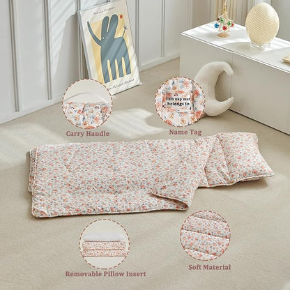 Toddler Nap Mat with Removable Pillow,Ultra Soft Slumber Bags for Girls,Kids Sleeping Bags with Roll Up Design, Perfect for Preschool,Daycare,Kindergarten