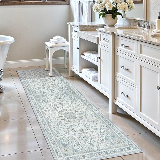 Moynesa Vintage Washable Blue 2x6 Hallway Runner Rug, Neutral Distressed Oriental Runner for Entryway Kitchen Bathroom Bedroom, Low Pile Soft Non-Slip Carpets for Nursery Laundry
