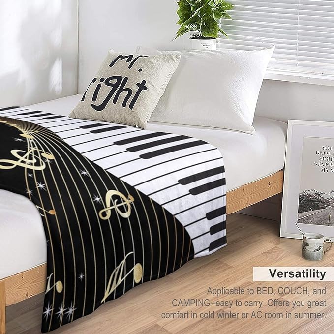Music Note Blanket Black White Piano Keys Gold Music Note Soft Cozy Lightweight Throw Blanket for Kids Girls Boys Bedroom Living Room Dorm Chair Sofa Travel 40x50in