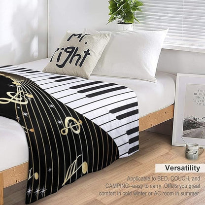 Music Note Blanket Black White Piano Keys Gold Music Note Soft Cozy Lightweight Throw Blanket for Kids Girls Boys Bedroom Living Room Dorm Chair Sofa Travel 40x50in
